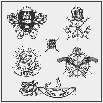 Set of flower shop emblems, logos, badges, labels and design elements.
