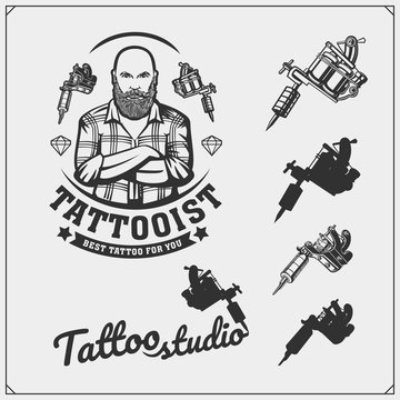 Tattoo salon emblem with professional equipment.