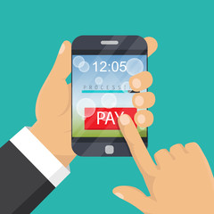 Mobile payment concept. Hand holding a phone. Smartphone wireless money transfer. Flat design. Vector illustration