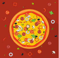 Vector Illustration. Isolated pizza, traditional ingredients for the pizza.