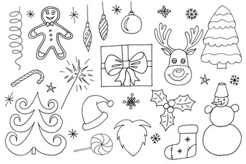 Sketchy vector hand drawn Doodle cartoon set of objects and symbols on the Merry Christmas