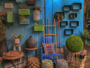 Vintage colorful furniture and other staff at shop at Jaffa flea market, Tel Aviv-Jaffa, Israel.