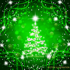 Abstract background with christmas tree and stars. Illustration in green and white colors.