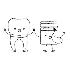 implant tooth and dental floss in cartoon holding hands in monochrome blurred silhouette