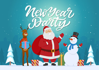 New Year party - cartoon characters illustration with Santa, raindeer, snowman