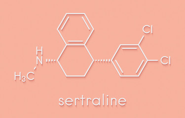 Sertraline antidepressant drug molecule. Skeletal formula.