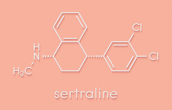 Sertraline antidepressant drug molecule. Skeletal formula.