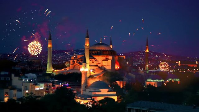 Hagia Sophia, Istanbul New Year Eve. Amazing fireworks all around the city.