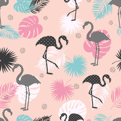 Tropical trendy background. Seamless vector pattern with flamingo and palm leaves.