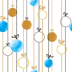 Seamless Christmas balls pattern in blue and golden colors. Vector holiday background.