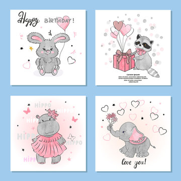 Greeting birthday cards set with cute little animals. Vector illustration.