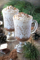 Hot cocoa with milk and whipped cream 