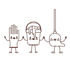 kawaii cartoon glove and bucket with soapy water and mop holding hands in brown silhouette