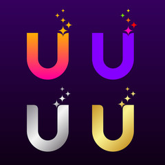 Letter U Colorful and Gold Silver with Sparkles light effect stars logotype, Beautiful Luxury, Fashion, Jewelry, Beauty Salon, Cosmetics, Spa, Resort, Magic Logo for your Corporate identity