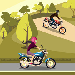 Fototapeta na wymiar Man and woman riding on their motorbikes.