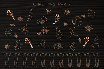 Christmas party crowd with decoration items above them