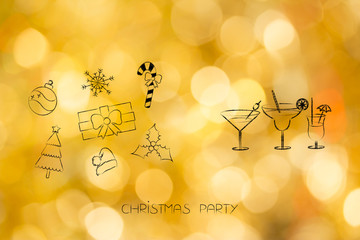 Christmas party decoration icons next to cocktails