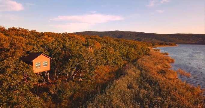 Aerial view of the birdman house near lake Blagodatnoye at the Sikhote-Alin Nature Reserve in Russian Far East. It has been inscribed on the UNESCO World Heritage List since 2001.