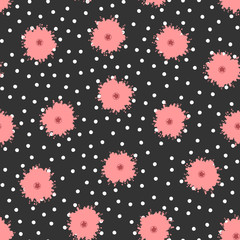 Polka dots and flowers painted with brush. Cute floral seamless pattern.