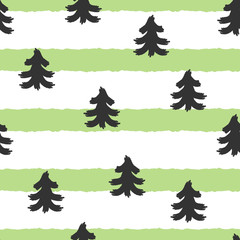 Obraz premium Silhouettes of trees on striped background. Seamless pattern for design New Year cards, gift paper, clothes, covers. Grunge, sketch, drawn by hand.