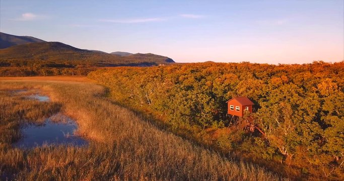 Aerial panoramic view of the birdman house near lake Blagodatnoye at the Sikhote-Alin Nature Reserve in Russian Far East. It has been inscribed on the UNESCO World Heritage List since 2001 