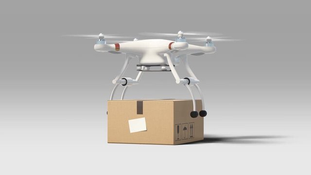 Drone Taking off with a Package from the Ground and Flying Away. 3d Animation with Alpha Matte. Modern Delivery Concept. 4k Ultra HD 3840x2160.