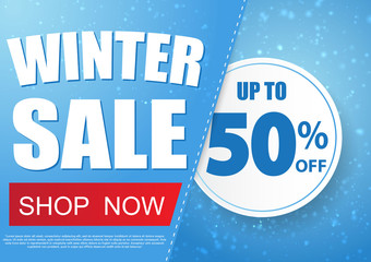 Winter sale vector banner design with snow in blue background