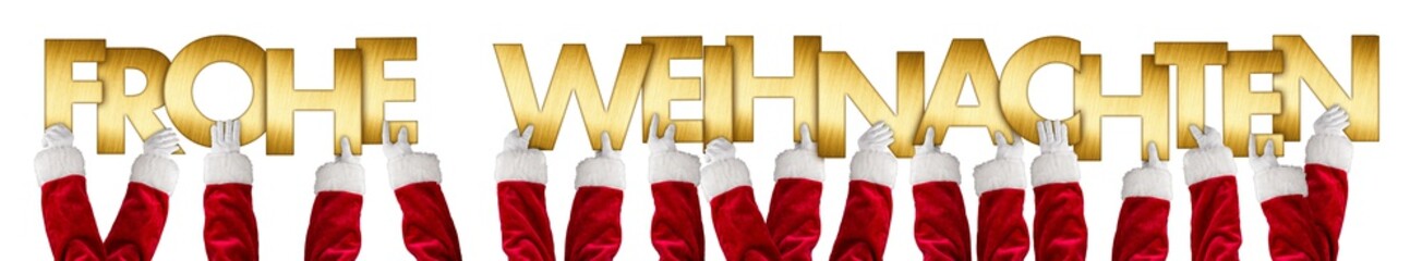 Viele Weihnachtsmann Hände halten goldene Buchstaben Weihnachtsgruß Frohe Weihnachten hoch...