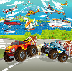 cartoon scene with happy police monster truck - ships and planes in the background - illustration for children