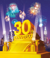 Golden 30th anniversary against city skyline