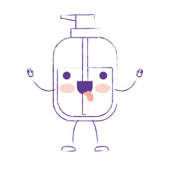 kawaii cartoon liquid soap bottle dispenser in purple blurred silhouette