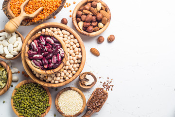 Legumes. seeds and nuts on white