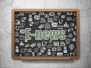 News concept: Chalk Green text E-news on School board background with  Hand Drawn News Icons, 3D Rendering