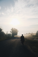 Buddha monk walking dhutanga for food donation in the morning