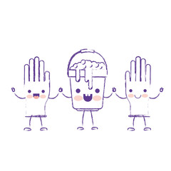 kawaii cartoon gloves and bucket with soapy water holding hands in purple blurred silhouette