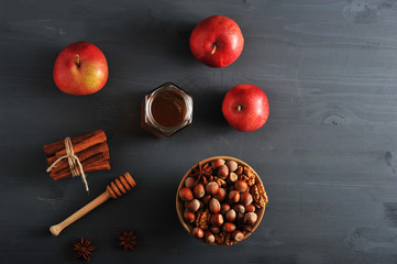 autumn harvest - apples, honey, nuts