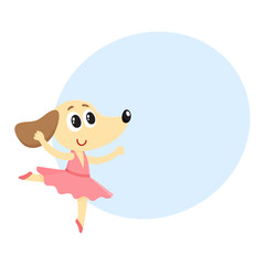 Cute little dog, puppy character, ballet dancer in pointed shoes and tutu skirt, cartoon vector illustration with space for text. Little puppy baby animal, ballet dancer, ballerina in tutu