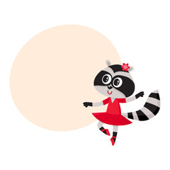 Cute little raccoon character, ballet dancer in pointed shoes and tutu skirt, cartoon vector illustration with space for text. Little raccoon baby animal, ballet dancer, ballerina in tutu