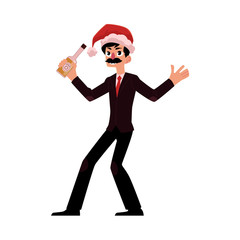 Man with moustache in business suit and Santa Claus hat having fun at corporate Christmas party, cartoon vector illustration isolated on white background. Businessman celebrating Christmas, drinking