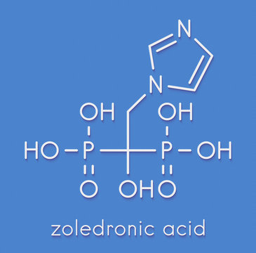 Zoledronic acid (zoledronate) osteoporosis drug molecule (bisphosphonate class). Skeletal formula.