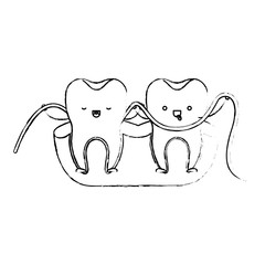 teeth cartoon and dental floss between them and holding hands in monochrome blurred silhouette