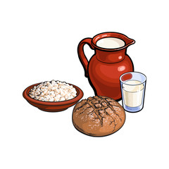 vector sketch glass of milk and ceramic pitcher jug crock, cottage cheese in pot, dark bread loaf set. Isolated illustration on a white background. Healthy food dairy products, natural dieting concept