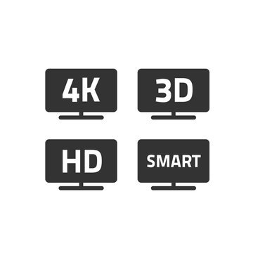 4k ultra hd tv and full hd television icons set line outline style, black and white hd video emblem label for lcd or led tv flat screen isolated on white, 3d or smart TV signs