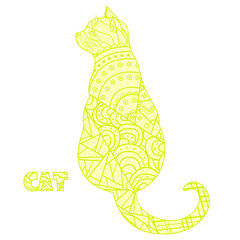 Cat. Design Zentangle. Hand drawn animal with abstract patterns on isolation background. Design for spiritual relaxation for adults. Decorative style. Print for polygraphy, posters and textiles