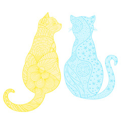 Cats. Hand drawn cat with abstract patterns on isolation background. Design for spiritual relaxation for adults. Outline for t-shirts. Zentangle. Print for polygraphy, posters and textiles