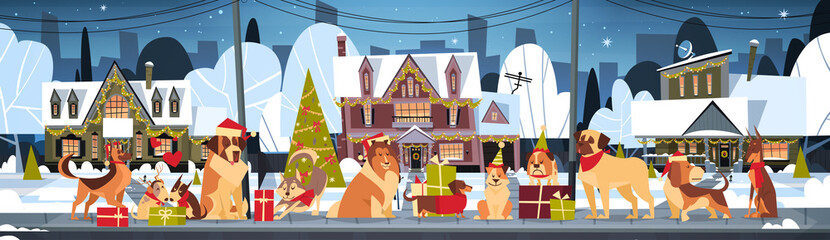 Group Of Dogs In Santa Hats Outdoors Near Decorated Houses Marry Christmas And Happy New Year Horizontal Poster Flat Vector Illustration