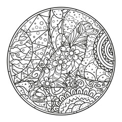 Dog. Circle mandala. Hand drawn dog with abstract patterns on isolation background. Design for spiritual relaxation for adults. Black and white illustration for coloring. Design Zentangle. Zen art