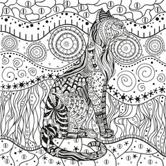 Cat. Mandala. Eastern pattern. Hand drawn circle zendala with abstract patterns on isolation background. Design for spiritual relaxation for adults. Black and white illustration for coloring. Zen art
