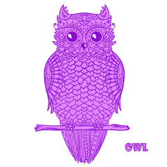 Owl. Zen art. Design Zentangle. Detailed hand drawn vintage owl with abstract patterns on isolation background. Design for spiritual relaxation for adults. Outline for tattoo, printing on t-shirts