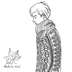 Hand drawn boy with abstract patterns on isolation background. Linear hand drawing. Fashion